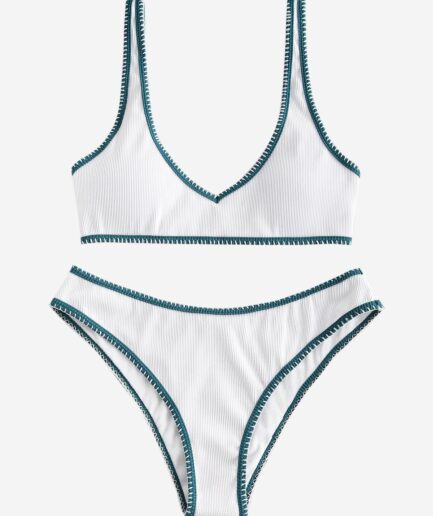 ZAFUL Ribbed Contrast Whip Stitching Tank Bikini Swimwear M White