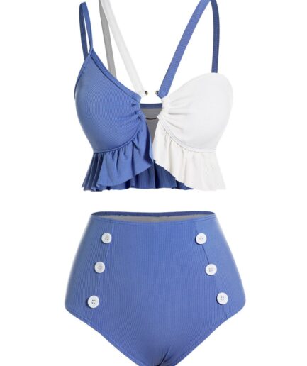 Dresslily Women Two Tone Bikini Swimsuit Padded Flounce Bikini Two Piece Swimwear Mock Button High Waist Bathing Suit Swimsuit L Blue