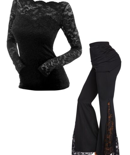 Dresslily Sheer Flower Lace Off The Shoulder Long Sleeve Top And Long Skirted Flare Pants Outfit S Black
