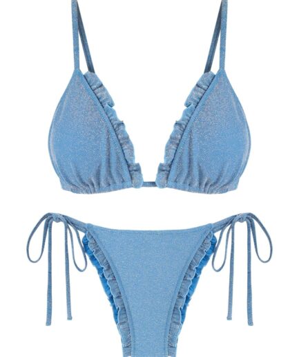 ZAFUL Sparkly Metallic Ruffle String Bikini Swimwear Light blue