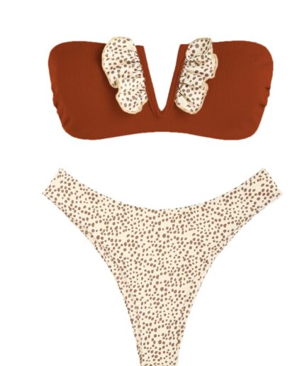 ZAFUL Ribbed V-wire Frilled Animal Spotted Bikini Swimwear L Coffee