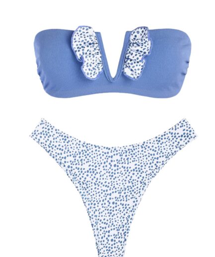 ZAFUL Ribbed V-wire Frilled Animal Spotted Bikini Swimwear L Light blue