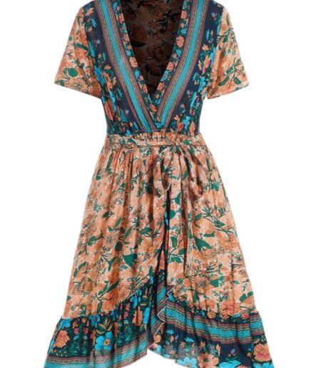 Dresslily Women Cottagecore Style Dress Allover Flower Print Surplice High Waisted Belted A Line Mini Dress Clothing L Multicolor a
