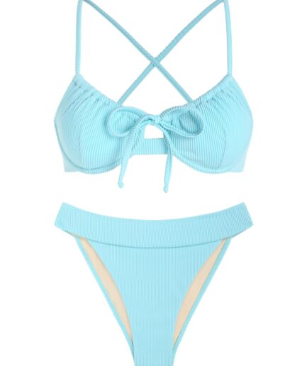 ZAFUL Ribbed Bowknot High Leg Scrunch Butt Bikini Swimwear M Light blue
