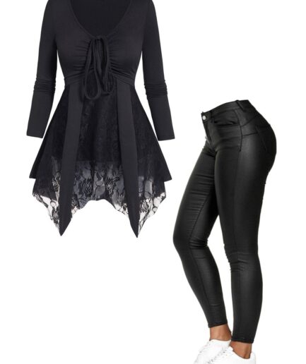 Dresslily Plus Size Cinched Flower Lace Panel Asymmetrical Hem Long Sleeve T Shirt And Solid Color Zip Fly Long Pants Outfit L Black