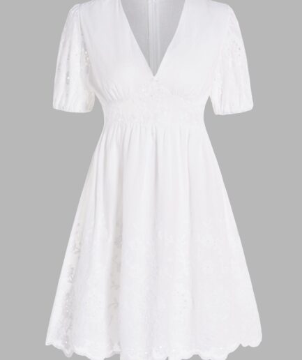 Dresslily Women Embroidery Flower Hollow Out Dress Empire Waist Plain Color V Neck Puff Sleeve A Line Mini Dress Clothing L White