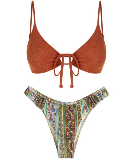 Drawstring Crinkle Ethnic Floral Ruffle Bikini Swimwear Deep coffee