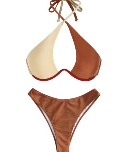 Shiny High Leg Half and Half Monowire Bikini Swimwear Coffee