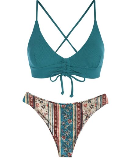 ZAFUL Ribbed Cinched Lace Up Cheeky Boho Ethnic Print Bikini Swimwear L Deep green