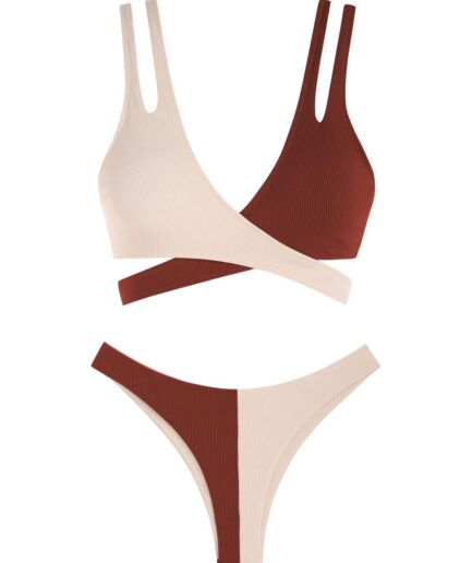 ZAFUL Wrap Criss Cross Ribbed Two Tone Bikini Swimwear M Deep coffee
