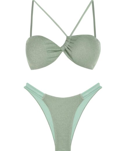 ZAFUL Sparkly Metallic One Shoulder Cut Out Bikini Swimwear Green