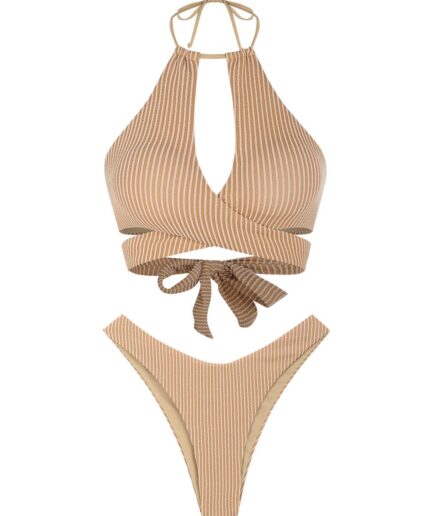 ZAFUL Wavy Stripes Halter High Leg Wrap Bikini Swimwear Coffee