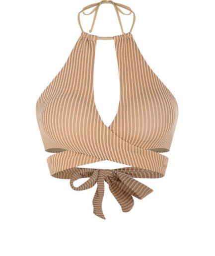 Striped Wrap Bikini Top M Coffee