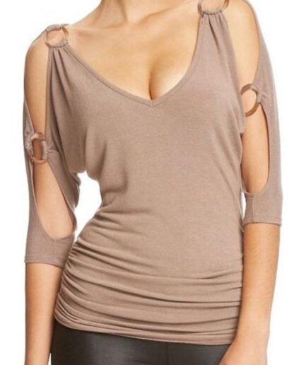 Women Cold Shoulder T Shirt O Ring Ruched T-shirt Long V Neck Casual Tee Clothing L Coffee