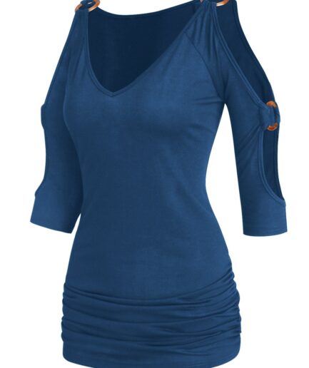 Women Cold Shoulder T Shirt O Ring Ruched T-shirt Long V Neck Casual Tee Clothing L Deep blue