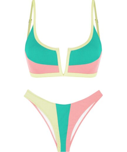 ZAFUL Ribbed Colorblock V Wired High Leg Bikini Swimwear L Light yellow