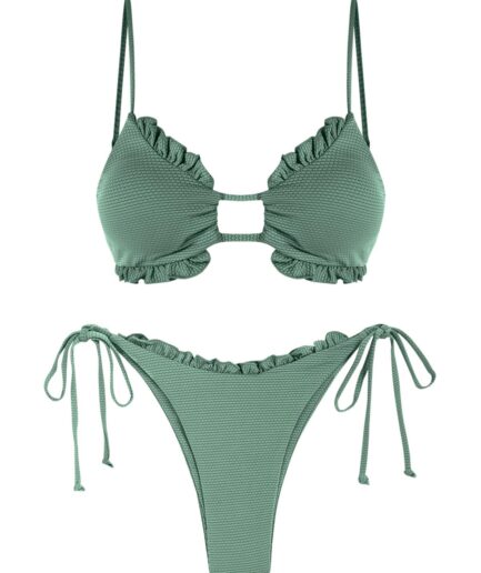 ZAFUL Frilled Tie Side String Bikini Swimwear M Light green