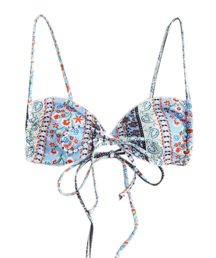ZAFUL Ethnic Paisley Print Tied Front Ribbed Bikini Top L Light blue
