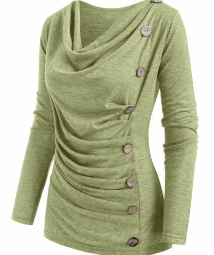 Dresslily Women Heather Mock Button Long Sleeves Draped Cowl Neck T-shirt Clothing L Green