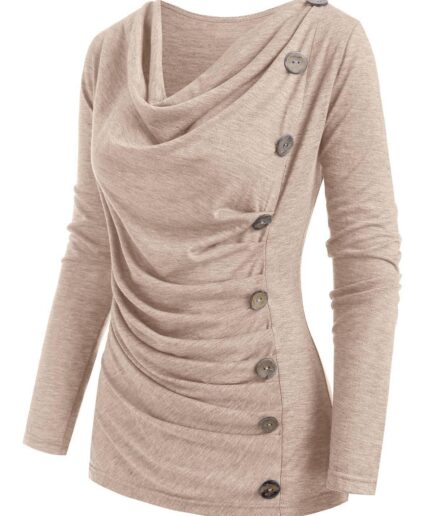 Dresslily Women Heather Mock Button Long Sleeves Draped Cowl Neck T-shirt Clothing L Multicolor