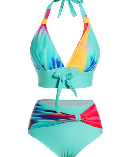 Dresslily Women Colorful Tie Dye Print Halter Bikini Swimsuit Padded Bowknot Bikini Two Piece Swimwear High Waist Bathing Suit Swimsuit White