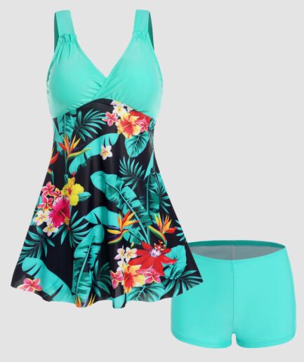 Dresslily Women Tropical Leaf Flower Print Tummy Control Vacation Tankini Swimsuit Padded Surplice Plunge Tankini Two Piece Swimwear Boyleg Bathing Su