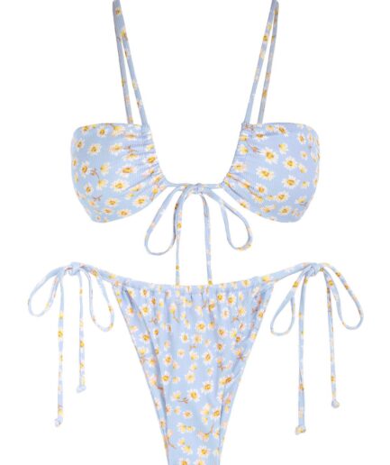 ZAFUL Ribbed Ditsy Print Tied Loincloth Bikini Swimwear M Blue