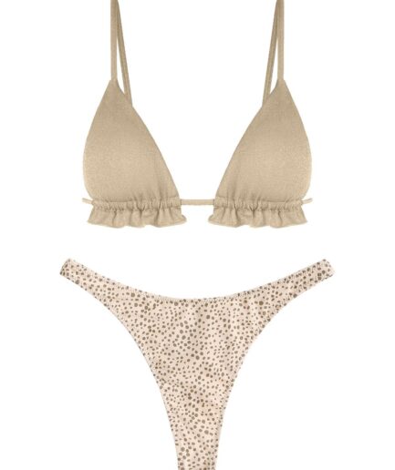 Ruffles Metallic Animal Print Thong Bikini Swimwear Light coffee