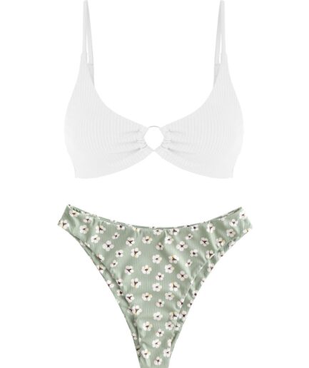 Ribbed O Ring Ditsy Print Bikini Swimwear Multi a