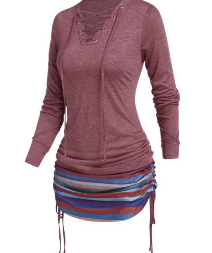 Dresslily Women Colored Striped Print T Shirt Lace Up Cinched Curved Hem Long Sleeve Longline Tee Clothing M Deep red
