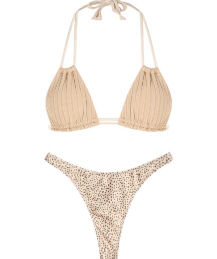 Ribbed Upside Down Leopard Thong Bikini Swimwear Light coffee