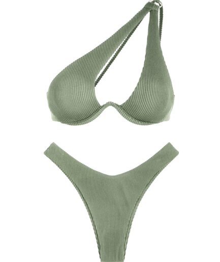 ZAFUL Ribbed One Shoulder Monowire High Leg Bikini Swimwear L Light green