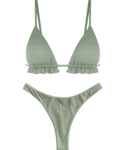 Ruffles Metallic Thong Bikini Swimwear Green