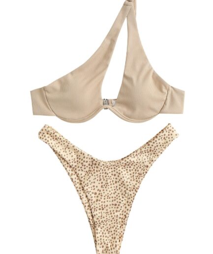 ZAFUL One Shoulder Ribbed Spotted Print Monowire Bikini Swimwear M Light coffee