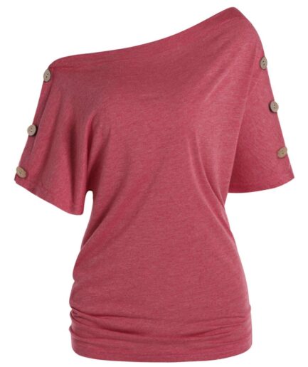 Women Off The Shoulder T-shirt Mock Button Short Sleeve Casual Tee Clothing L Red