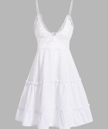 Dresslily Women Floral Lace Panel Vacation Mini Dress Adjustable Strap Bowknot Ruffles Backless Plunge A Line Dress Clothing L White