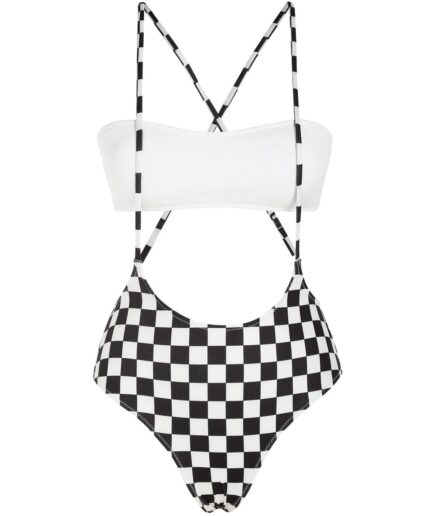 ZAFUL Checkerboard Print Criss Cross Ribbed Suspender Bikini Swimwear M White