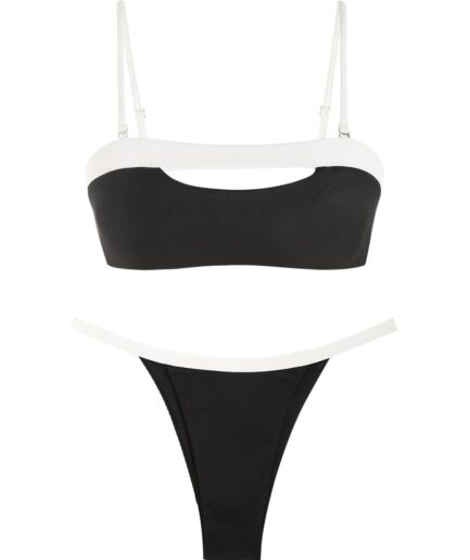 ZAFUL Ribbed Two Tone Cutout String Bikini Swimwear M Black