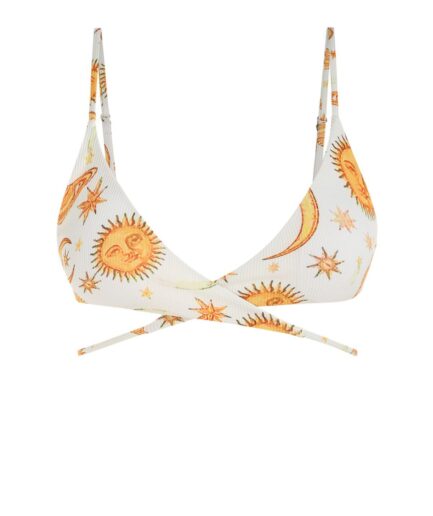 ZAFUL Sun and Moon Print Plunge Wrap Bikini Top M White
