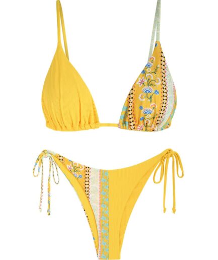 ZAFUL Ribbed Boho Printed String Bikini Swimwear L Yellow
