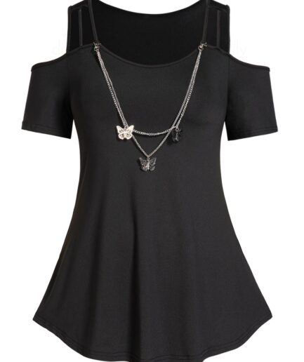 Dresslily Fashion Women Plus Size T Shirt Cold Shoulder Cut Out Butterfly Chain Embellishment Casual Tee Clothing L Black