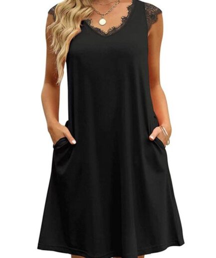 Dresslily Women Plain Color Dress Lace Insert Scalloped V Neck Cap Sleeve Side Pockets A Line Mini Dress Clothing L Black