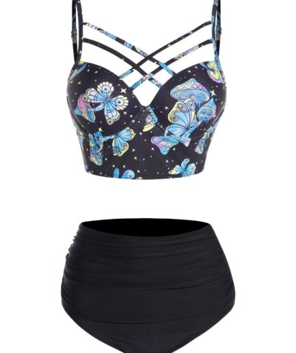 Dresslily Women Butterfly Mushroom Print Tankini Swimsuit Lattice Strap Tummy Control Swimwear Ruched Underwire Bathing Suit Swimsuit L Black