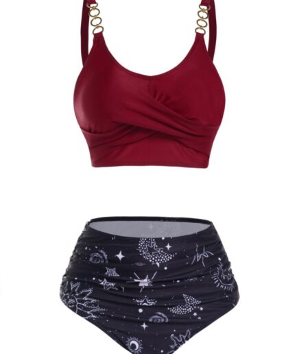 Dresslily Women Moon Star Print Bikini Swimsuit Crossover Padded Bikini Two Piece Swimwear High Waist Tummy Control Bathing Suit Swimsuit M Deep red