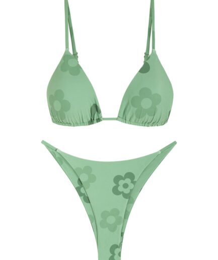 ZAFUL Floral Print Triangular String Bikini Swimwear M Light green