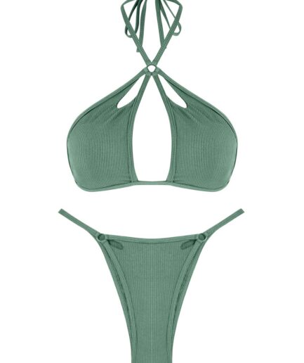 ZAFUL Cut Out O-ring Ribbed High Leg Bikini Swimwear L Light green