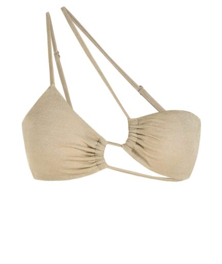 ZAFUL Shiny Glitter Strappy Asymmetric Ruched Bikini Top L Light coffee