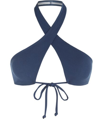 ZAFUL Ribbed Bowknot Criss Cross Halter Bikini Top M Deep blue