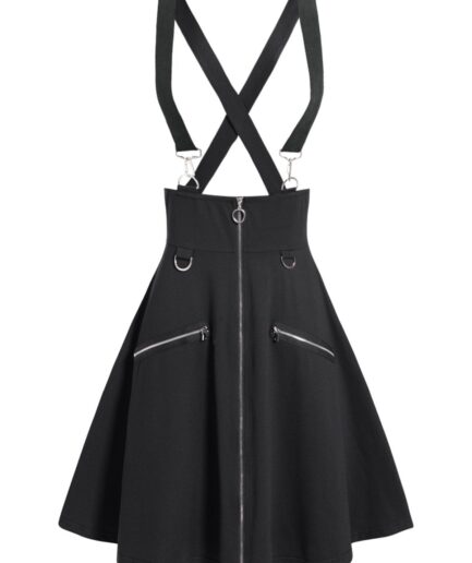 Women Plain Color Suspender Skirt Zipper Fly A Line Midi Suspender Skirt Clothing L Black