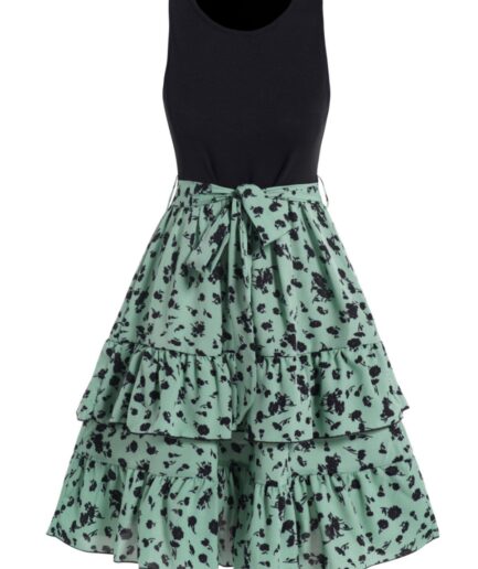 Dresslily Women Flower Print Dress Colorblock Layered High Waisted Belted Sleeveless A Line Mini Dress Clothing L Multicolor a